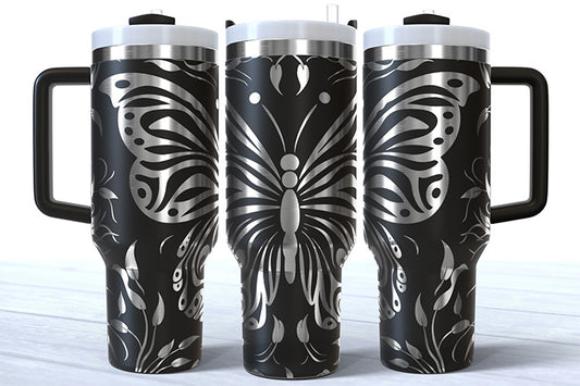 40 Ounce Black Powder Coated Tumbler with Butterfly Custom Design - Silver or Rainbow Plating