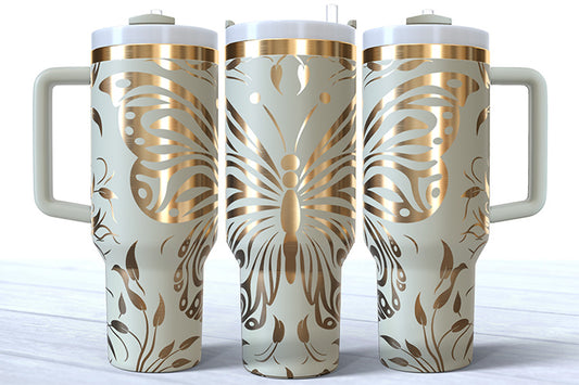 40 Ounce Cream with Bronze Plating Powder Coated Tumbler with Custom Butterfly Design