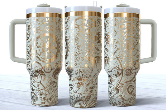 40 Ounce Cream with Bronze Plating Powder Coated Tumbler with Custom Gearheads Design