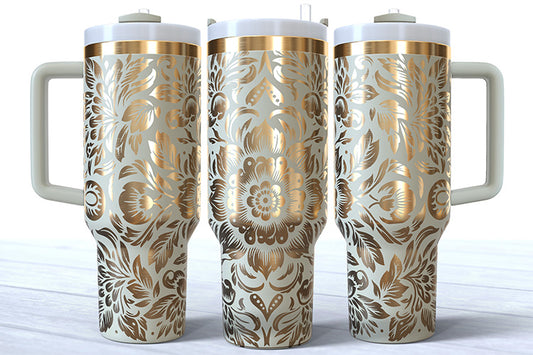 40 Ounce Cream with Bronze Plating Powder Coated Tumbler with Custom Mandala Design