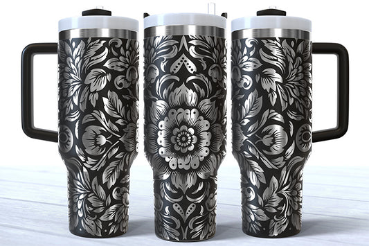 40 Ounce Black Powder Coated Tumbler with Mandala Custom Design - Silver or Rainbow Plating