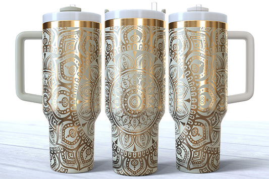 40 Ounce Cream with Bronze Plating Powder Coated Tumbler with Custom Mandala Swear Words Design