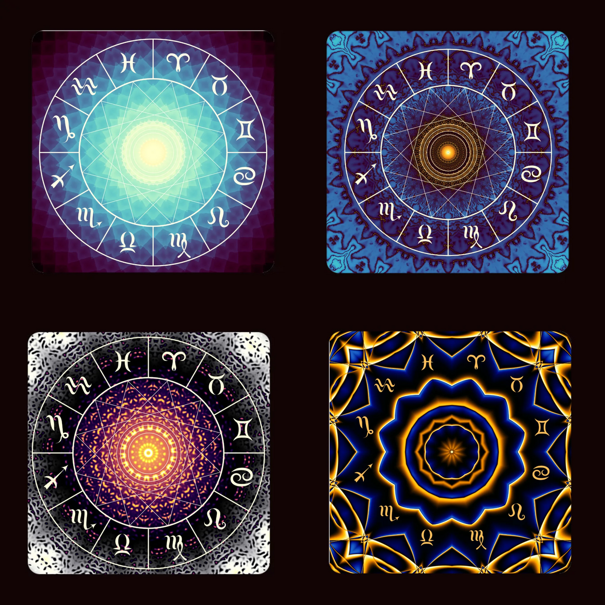Set Of 4 Mandala Neoprene Drink Coasters - 10cm Round, Slip-Proof & Absorbent, Teal Color